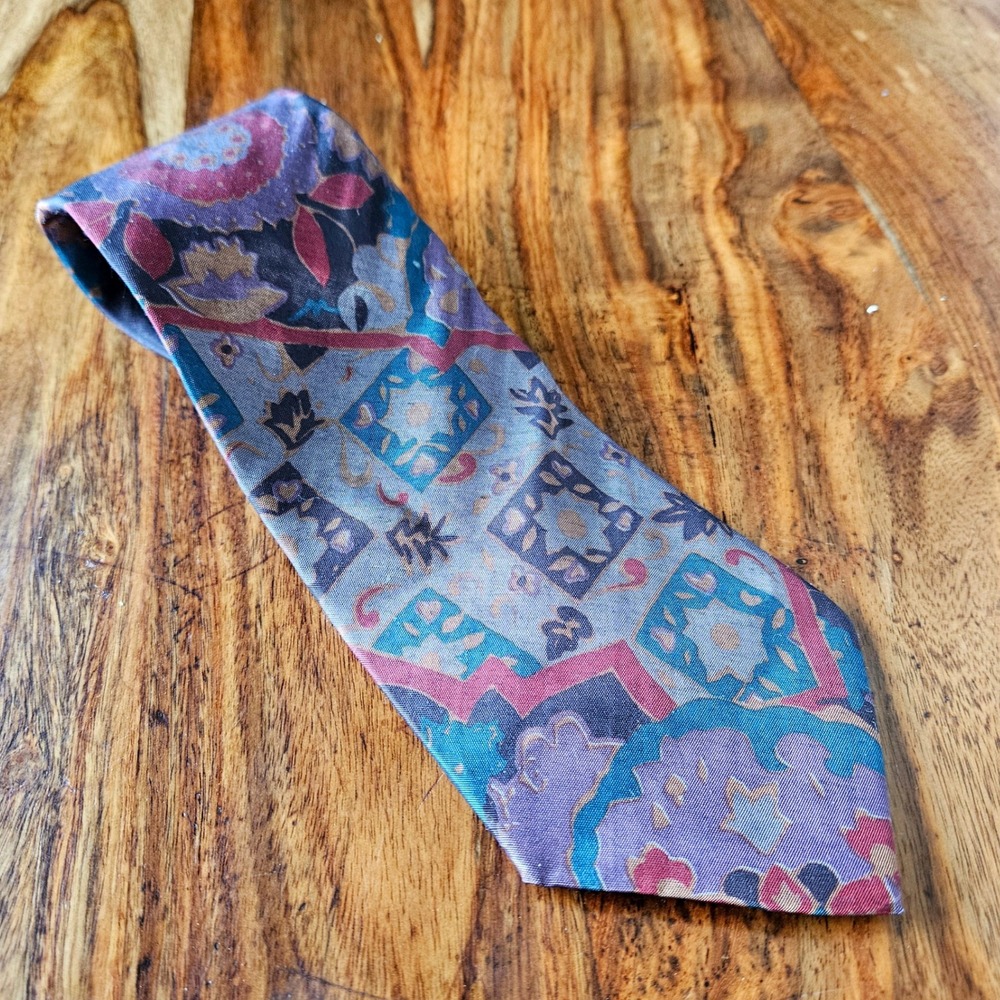 Bugle Boy USA Mens Vintage 90s Geometric Abstract Floral Tie Purple Teal Rayon